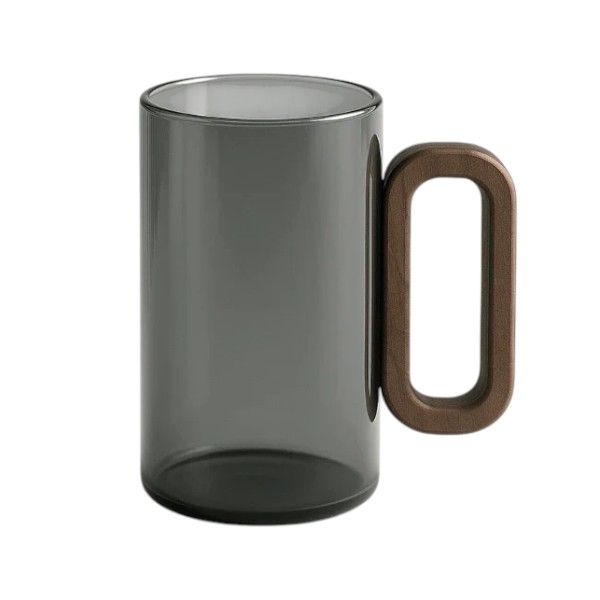 Minimalistic Wooden Handle High Borosilicate Glass Mug - 360ML - Smoky Grey