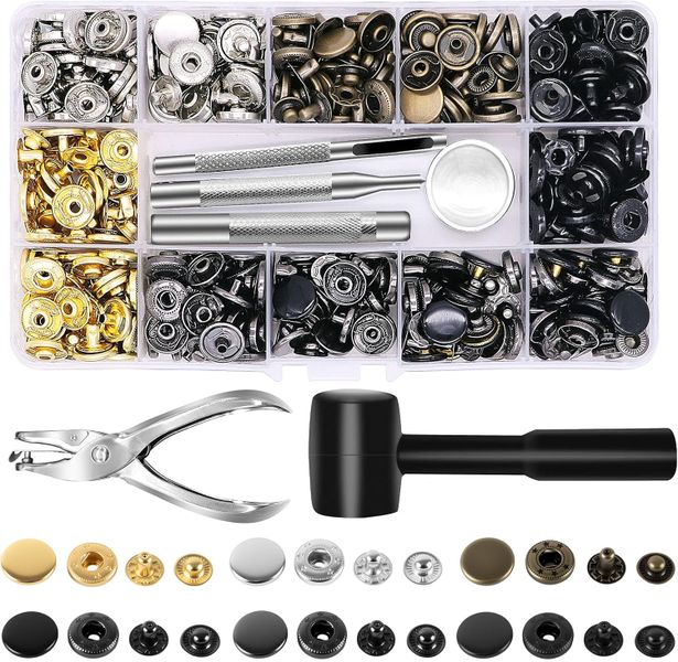120 Pcs Metal Button Snaps Press Studs Kit With Punch Pliers &amp; Hammer