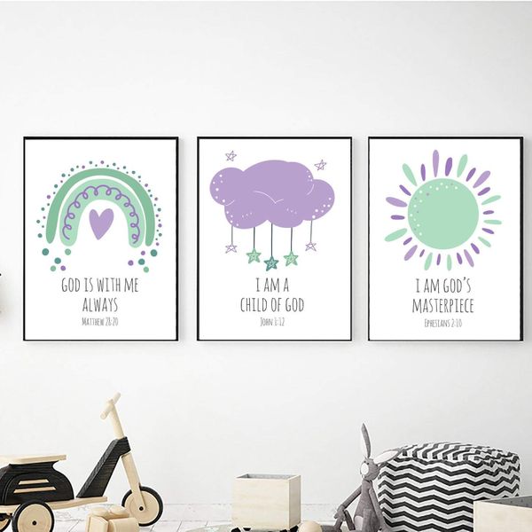Rainbow Cloud &amp; Sun Bible Verse - A2 - Canvas (3.5cm ) -Set Of 3