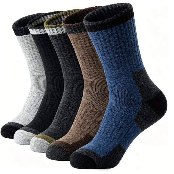 Men's Merino Wool Hiking Socks - 5 Pairs, Warm Thick Winter Mid-Calf Socks