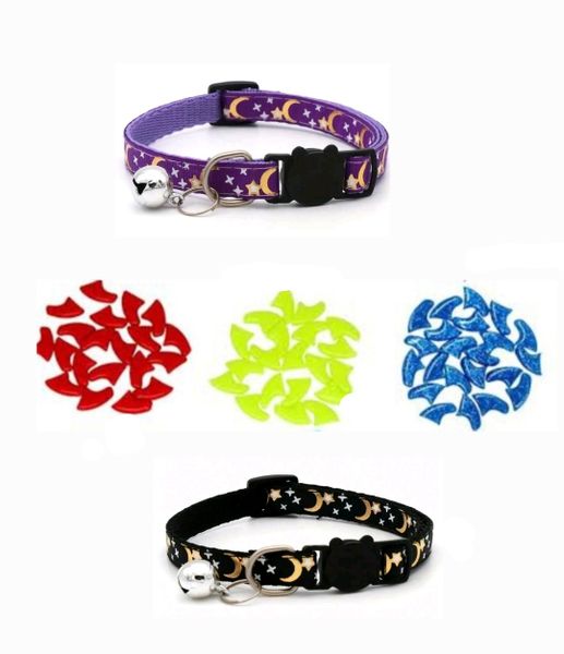 2 Pet Collars with Bells with 30 Pieces Cat Nail Caps Claw Covers