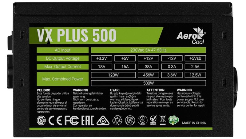 Aerocool VX PLUS 500W POWER SUPPLY UNIT