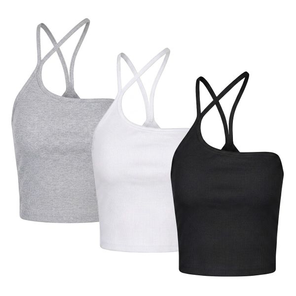 3-Pack Women's Ribbed Crisscross Crop Tank Tops - Black, White &amp; Grey