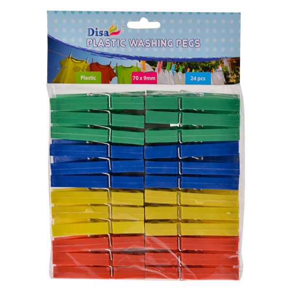 Washing Pegs - Assorted Colours - Plastic - 70mm - 24 Piece