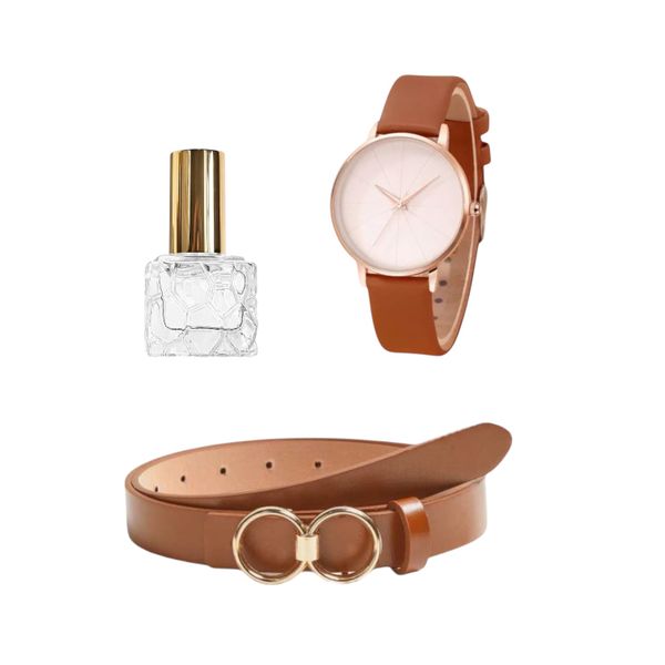 Chic Women's Gift Set - Brown Watch, Matching Belt &amp; Perfume
