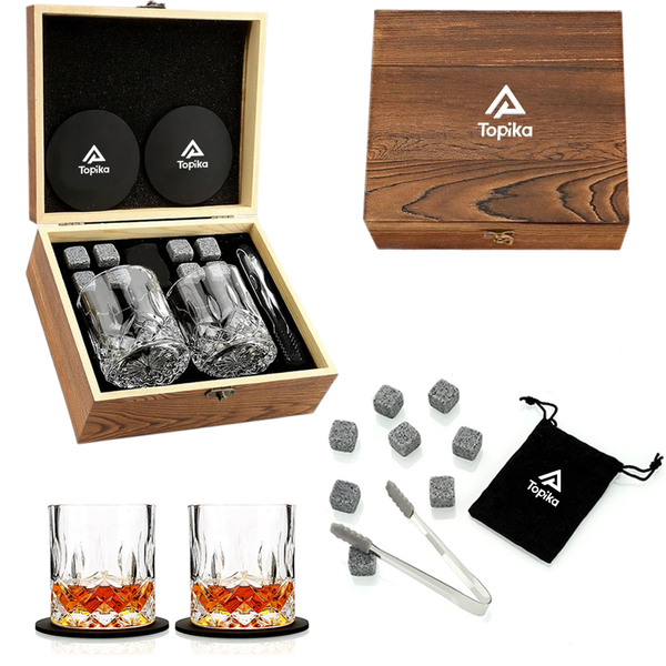 Topika - Whiskey Gift Set For Men, Whisky Glasses And Stones In Wooden Box