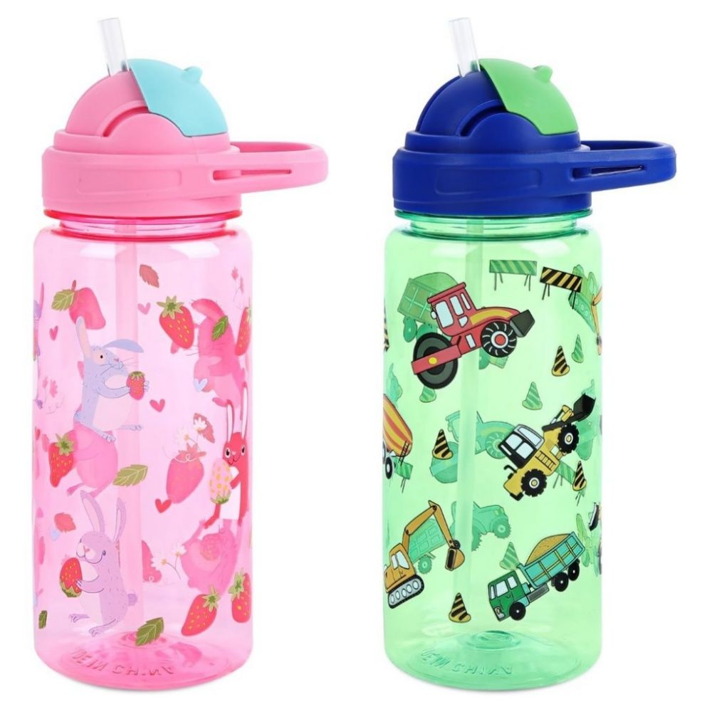Kids Water Bottle with Flip-Up Straw and Carry Handle - 600ml 20oz - 2 Pack