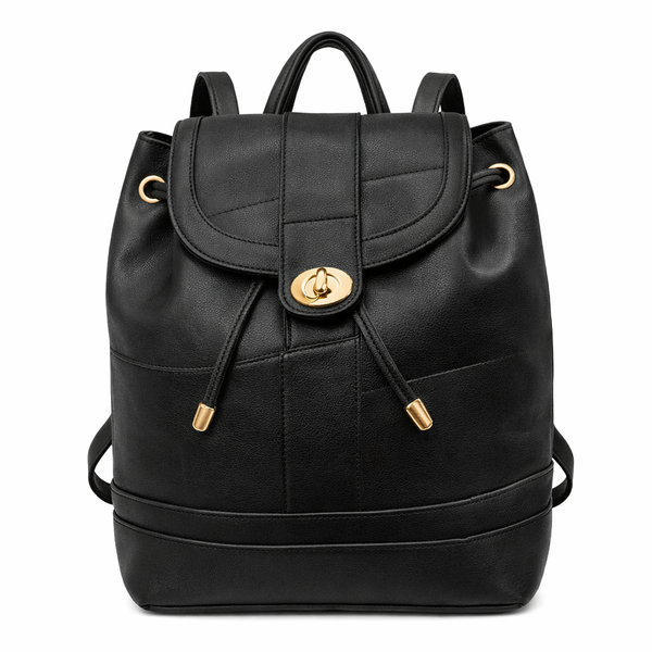 Ladies PU Leather Drawstring Backpack with Gold Lock Detail