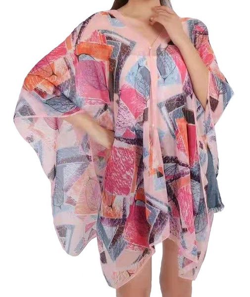 Ladies Kaftan Satin Silk Floral - Pink / Multicolour