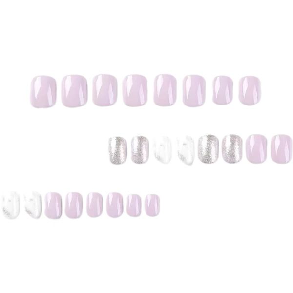 Purple And White Press-on Nail Art, Short False Nails, with Glitter