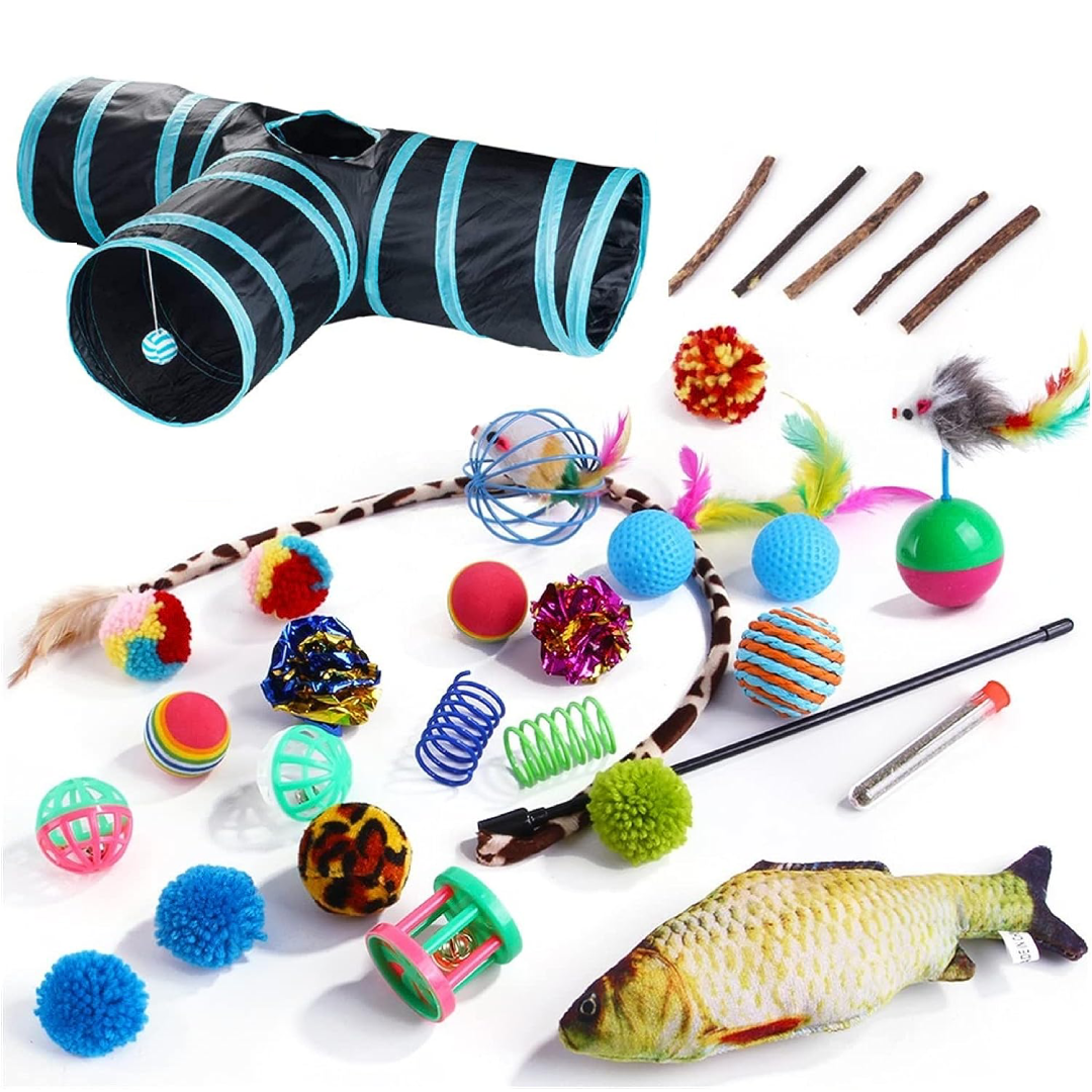 Cat Toy Set with Tunnel Feather Teaser Catnip Fish Colorful Balls and ...