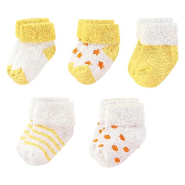 5-Pair Soft Cotton Baby Socks - Yellow &amp; White Assorted Patterns
