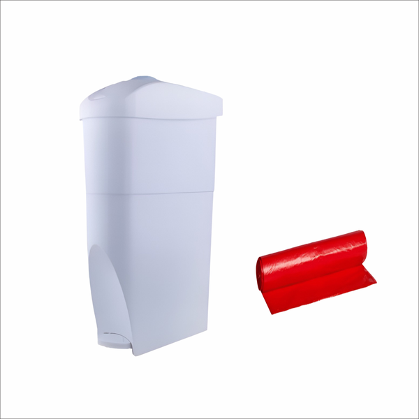 White 18L Foot Pedal Sanitary She Bin + 125 Red Liners