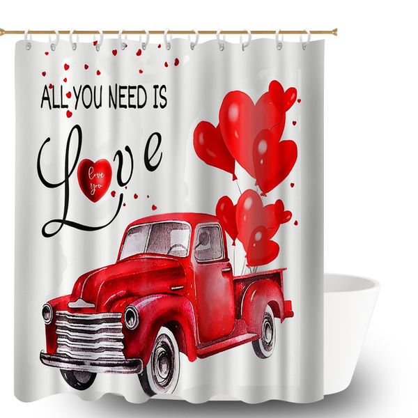 Waterproof Bath Curtain, 180x180cm Love Truck Shower Curtain with Hooks