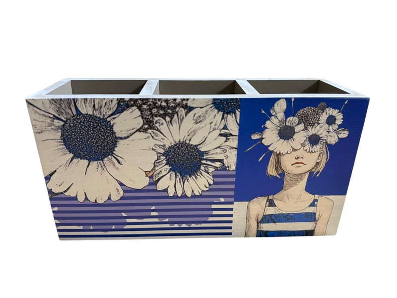 Cutlery/Stationary Holder - Blue &amp; White Flowers with Lady &amp; Stripes