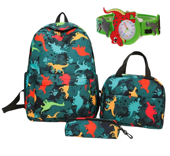 4 Piece Kids School Backpack Dinosaur Cartoon watch Lunch Bag &amp; Pencil Box