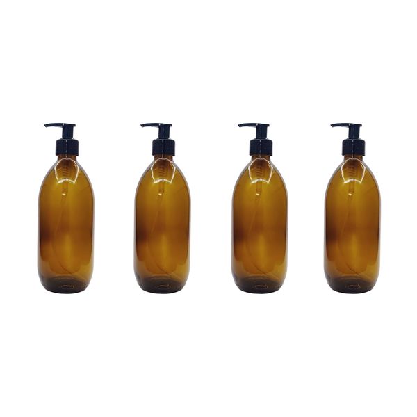 4 Pack 500ml Amber Bottles with Black Lotion Pump