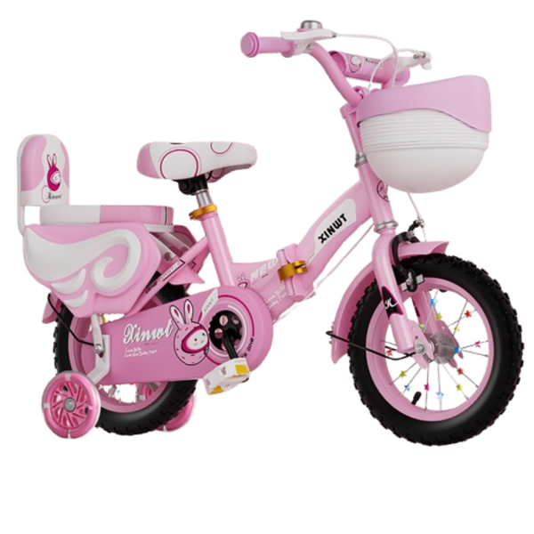 Pink Bunny-Themed Kids Bicycle with Training Wheels, Basket &amp; Rear Seat