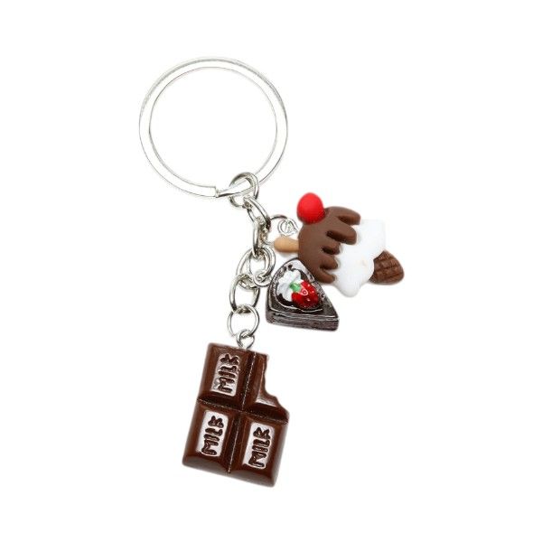 Sweet Treat Design Keychain With Ice Cream, Cake & Chocolate Charms -Brown