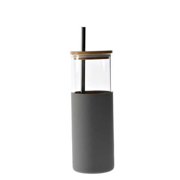 George &amp; Mason - Glass Bottle with Silicone and Straw - Grey