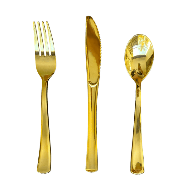 108 pc Set - Disposable Gold/ Rose Gold Plastic Knife+Fork+Spoon