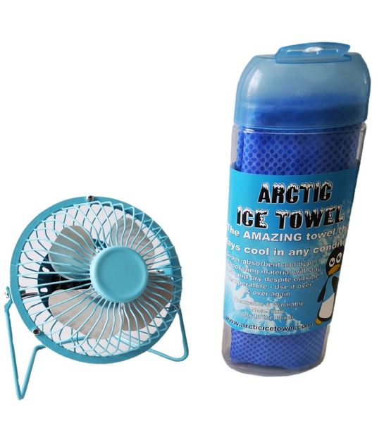 USB Mini Desk Fan &amp; Arctic Ice Towel Combo Set - Assorted Colours