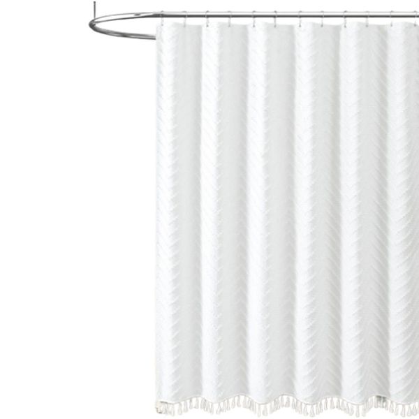 Soft Polyester Shower Curtain, Boho White with Tassels, Waterproof - 72x72in