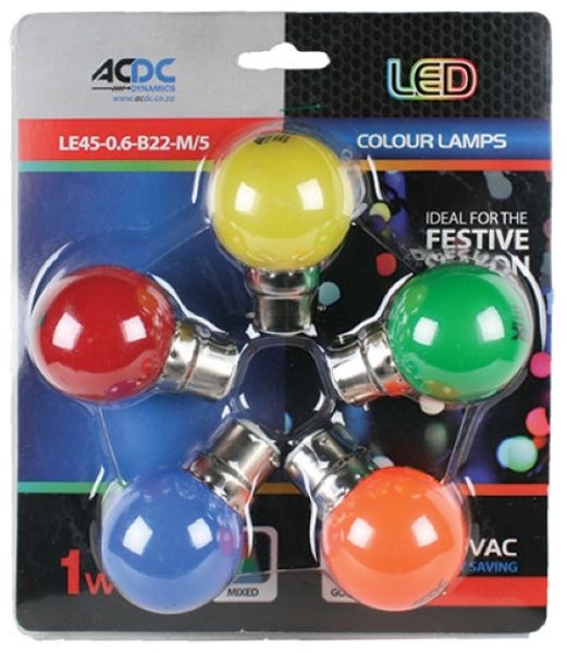 1W B22 Lamp Ball Type Mixed Colour 5 Pack