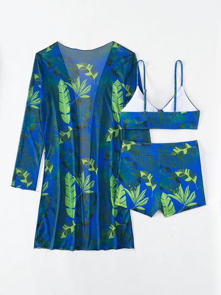 Women's 3-Piece Bikini Set Tropical Print Boy Shorts Long Sleeve Cover-Up