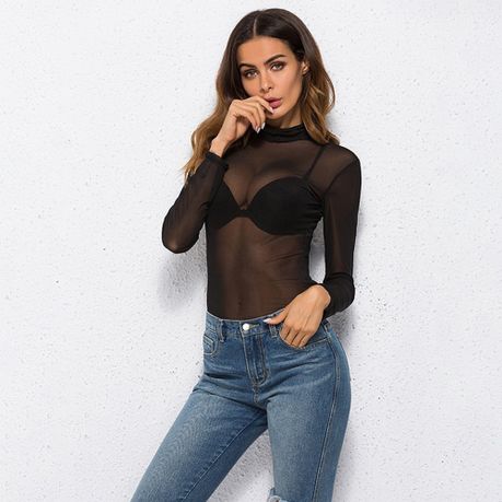 Women Tops Sexy T Shirt See Through Transparent Mesh Long Sleeve