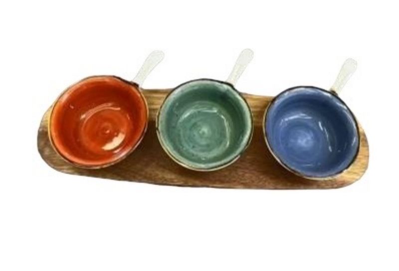 Ceramic Snack Serving Bowl with Bamboo Tray - 4 Piece Set