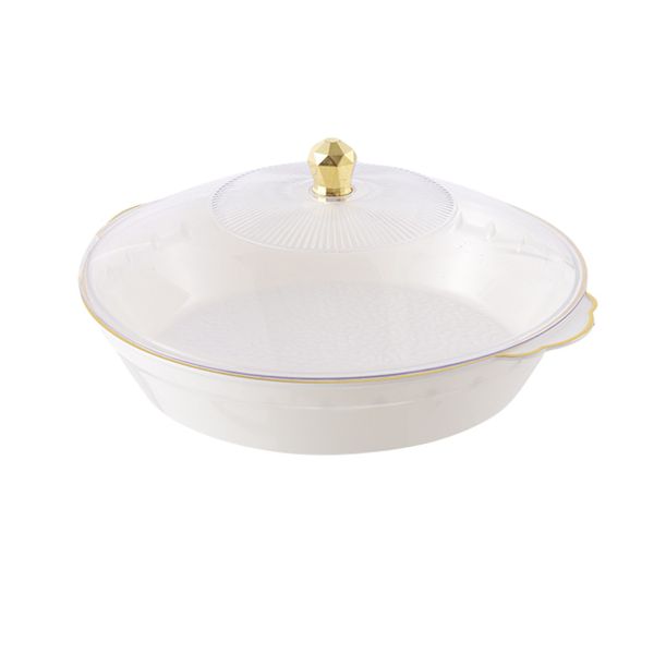 Round Food Storage Dish with Gold Accent Lid - White