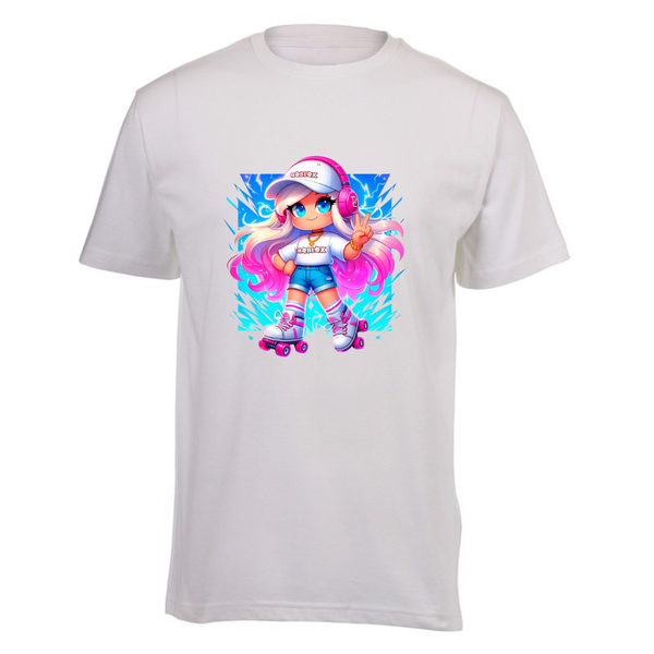 Kids White Cotton Regular Short Sleeve T-Shirt - Girl Roblox Skate
