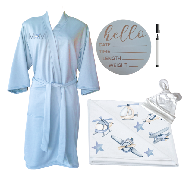 Mom &amp; Me Set - Printed Gown, Swaddle &amp; Milestone Board - Helicopters