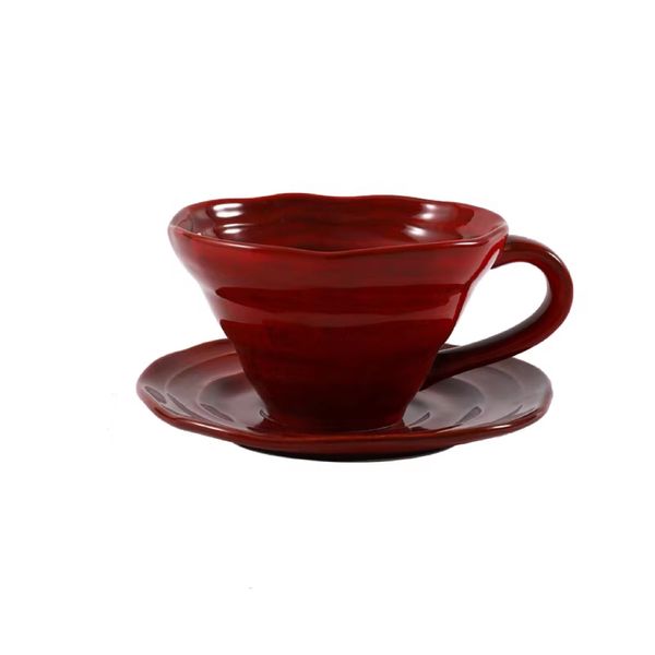 Irregular Wavy Rim Ceramic Coffee Cup and Saucer Set, Handcrafted Textured