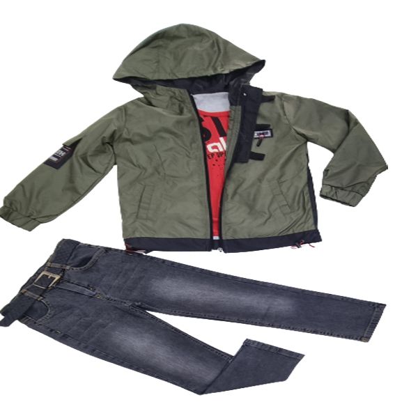 Boys Green Jacket and Grey Denim Jean Set with Red T-shirt
