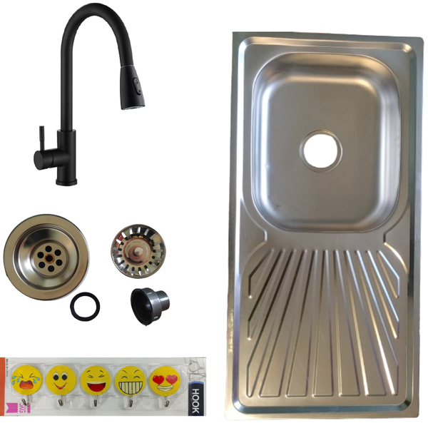 Sink Single Drop In Kitchen Sink With Black Pull-out Tap &amp; Free Key Ring