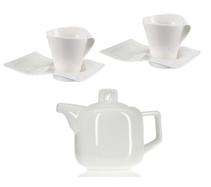 Elegant 2pcs Wave Cup &amp; Saucer + 500ml Square Design Tea Pot COMBO