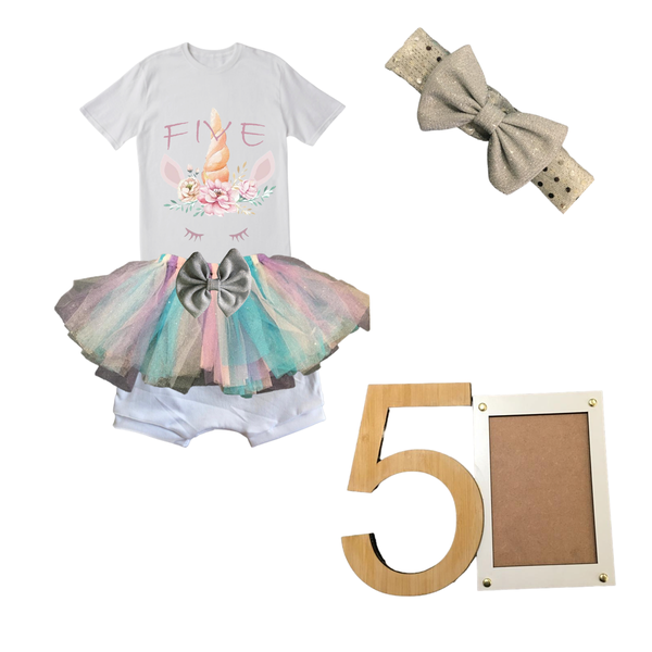 5th Birthday-Unicorn Tutu Outfit-Short Sleeve With Headband and Photo Frame