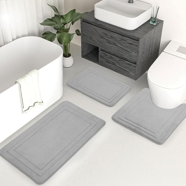 Redisson Bath Mat Sets 3 Piece - Grey Bathroom Rugs Set Non-Slip Washable