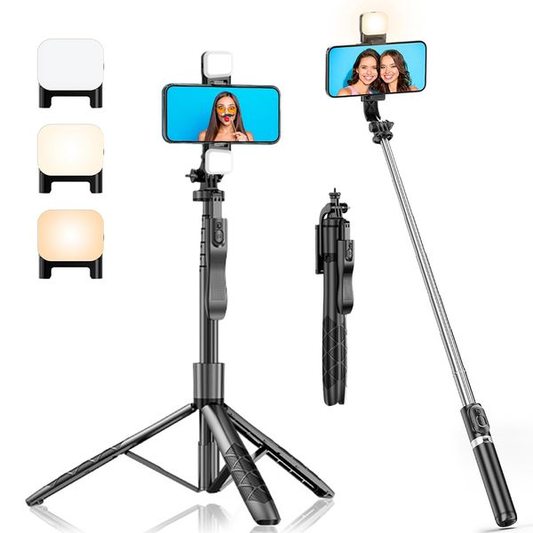 60'' Selfie Stick Tripod with Light, Extendable Selfie Stick with Remote