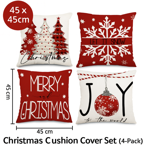 Christmas Cushion Cover Set (4-Pack) - Festive Red &amp; White Holiday Designs