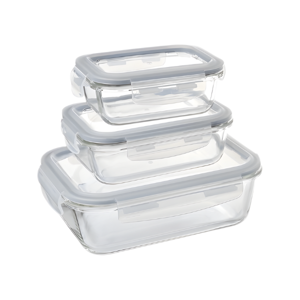 3-Piece Rectangular Glass Food Storage Container Set-Airtight &amp; Leak-Proof