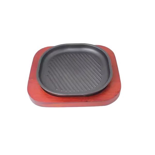 Square Cast Iron Grill Hot Plate 22cm on Wooden Base 24 x 27cm