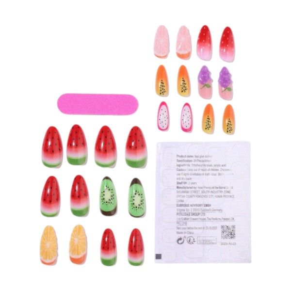 24-Piece Press On Nails Set With 3D Fruit Design - Multi Colour