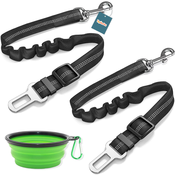 TopikaPet - 2xRetractable Dog Car Seat Belts with Dog Bowl, Shock Absorbing