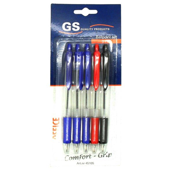 5x GS Intl Office Line Comfort Grip Ballpoint Pen Set 3xBlue 1x Red 1xBlack