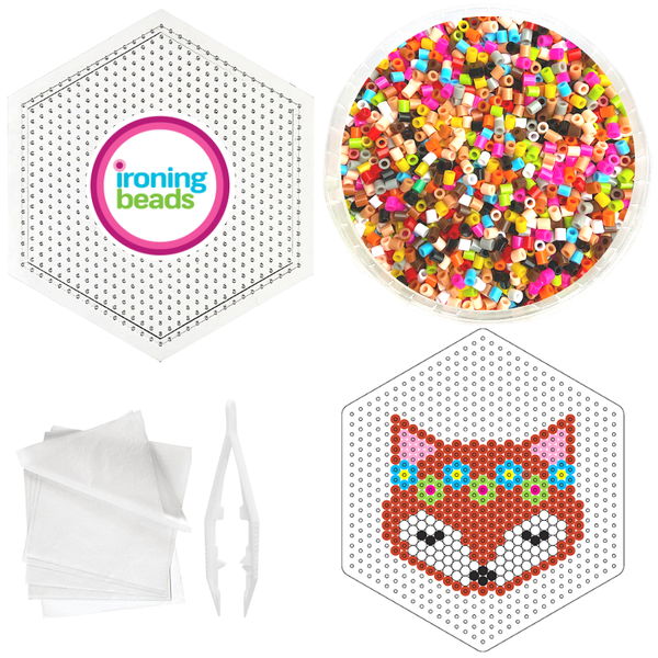 Ironing Beads - Fox &amp; Flowers - 1 Large Peg/1 Card Bucket Kit