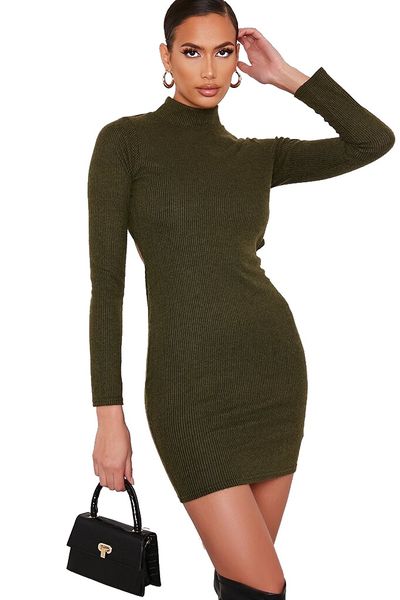 I Saw it First - Ladies Khaki Brushed Rib High Neck Open Back Bodycon Dress