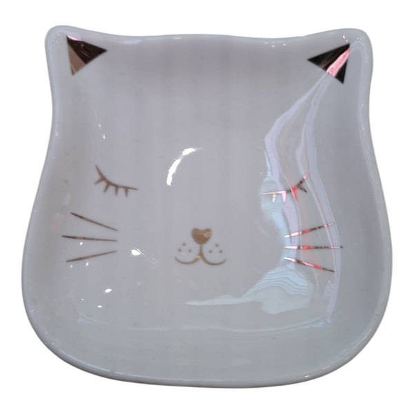 Cat Face Ceramic Trinket Dish - White with Gold Detailing